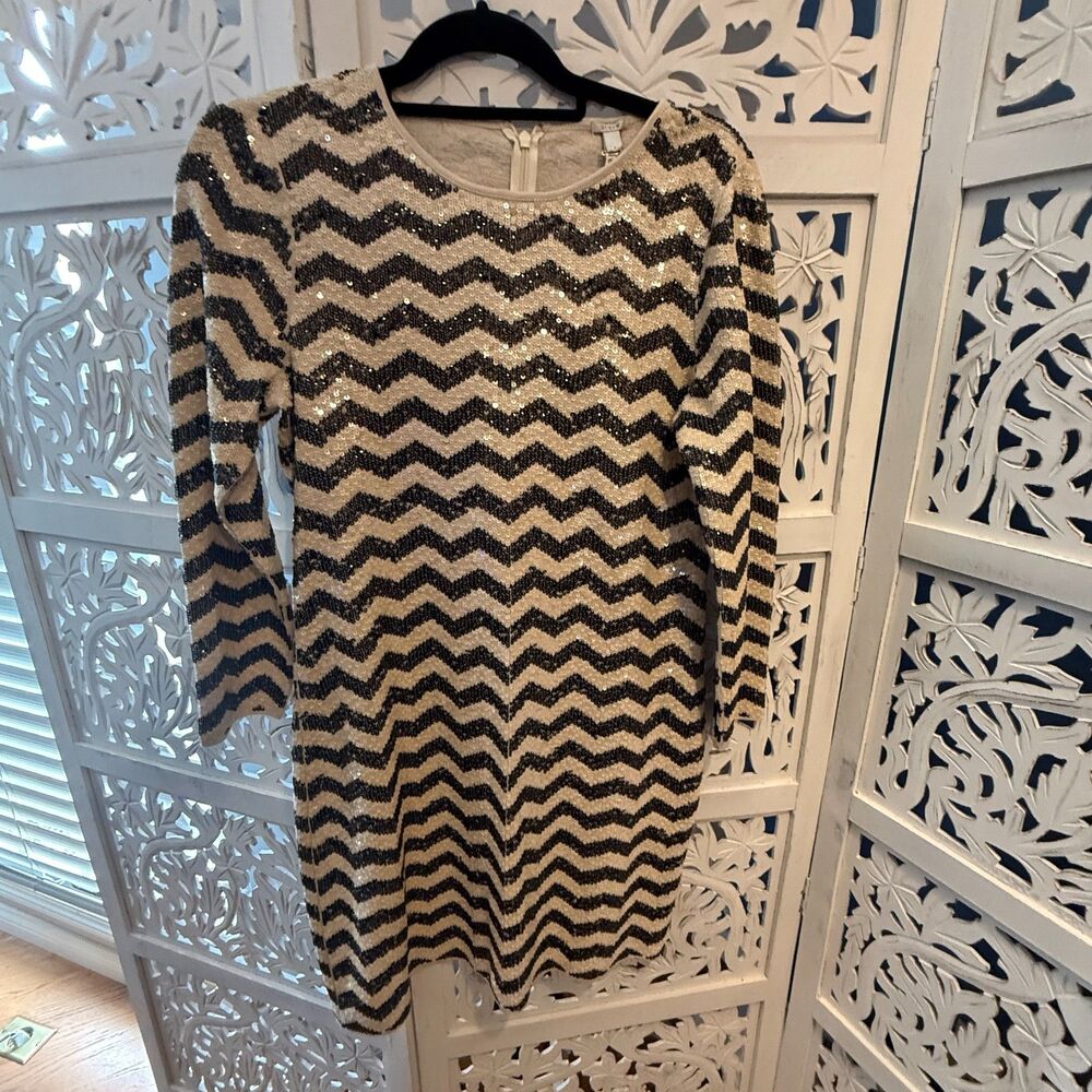 Elegant J. Crew sequined Chevron Cream and Black Dress New With Tags Size 6